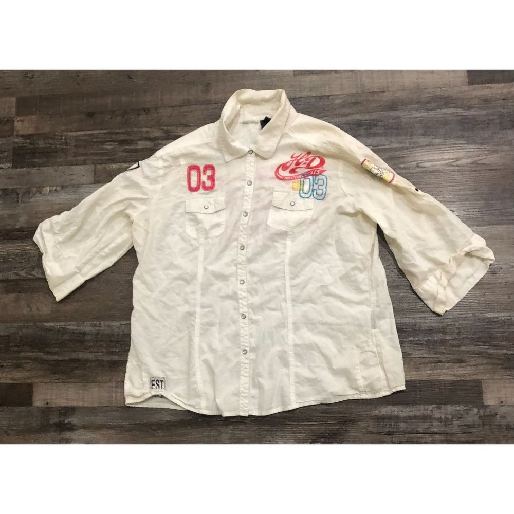 Harley Davidson Womens 1W Pearl Snap Long Sleeve Shirt Patches Embroidered White